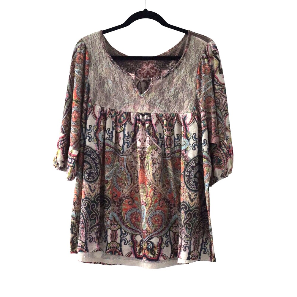 Cottage Core Babie Doll Laced Women's Top Puffed Sleeves Floral 2X‎ Slit Neck